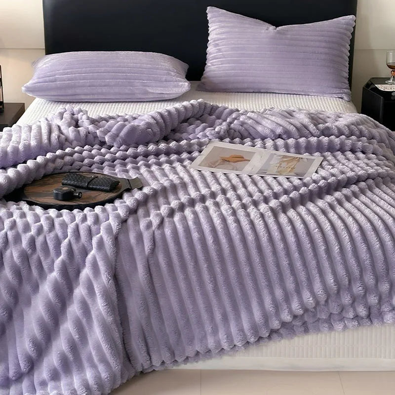Afralia™ Cozy Coral Fleece Striped Solid Blanket for Winter Sofa Cover Queen King Sizes