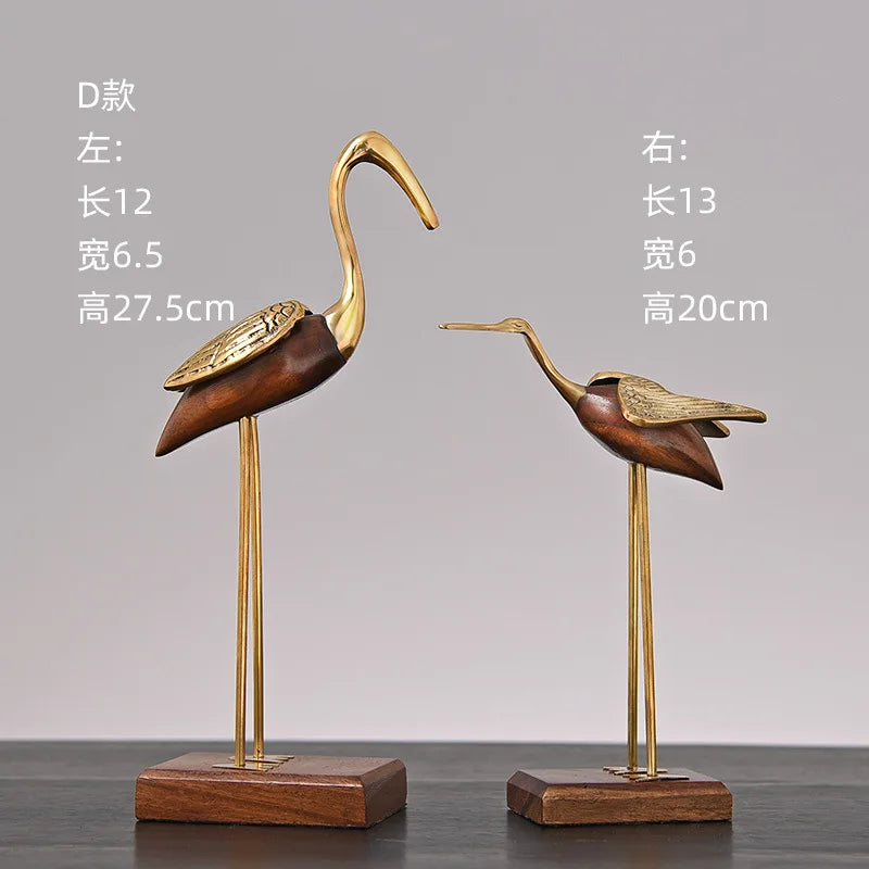 Afralia™ Wooden Crane Swan Brass Sculpture Home Decor Figurine