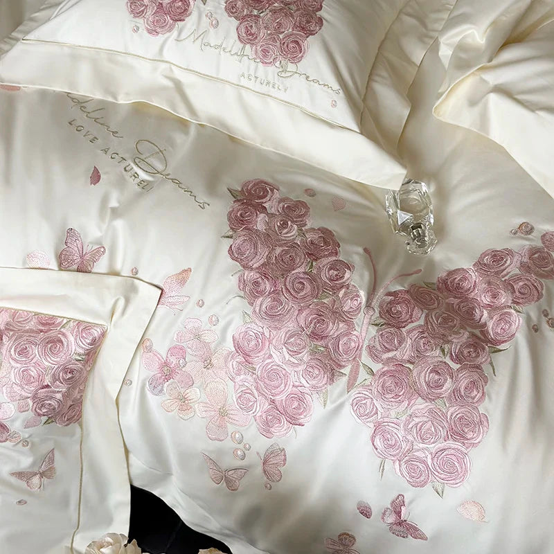 Afralia™ Rose Butterfly Embroidery 1000TC Egyptian Cotton Bedding Set in Cream White