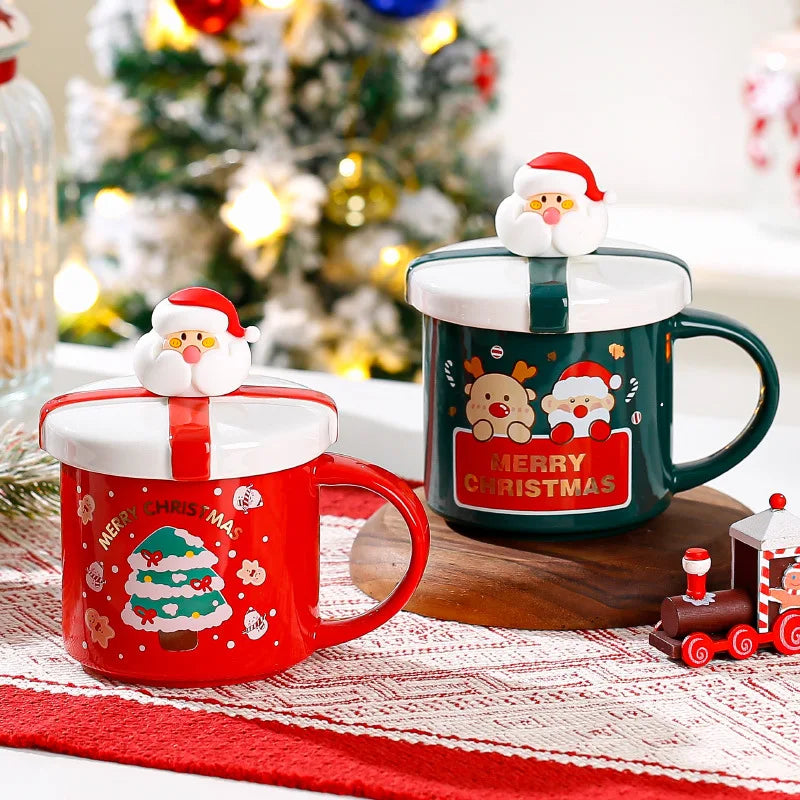 Afralia™ Festive Ceramic Christmas Coffee Mug with Lid, Spoon | Holiday Gift Mug