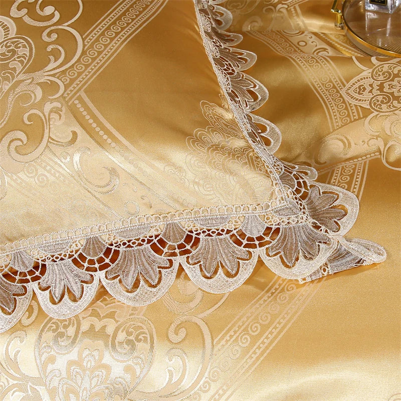 Afralia™ Golden Jacquard Cotton Lace Bedding Set - Silky Soft Duvet Cover, Flat Sheet, Pillowcase