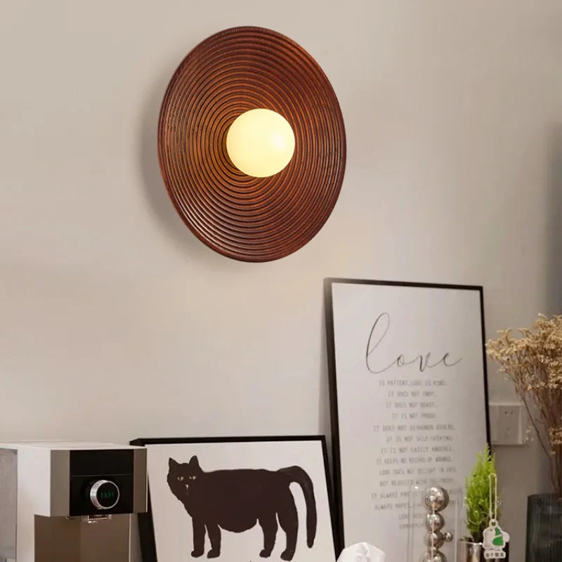 Afralia™ Retro Wood Round Wall Lamp for Bedroom Living Room Lighting