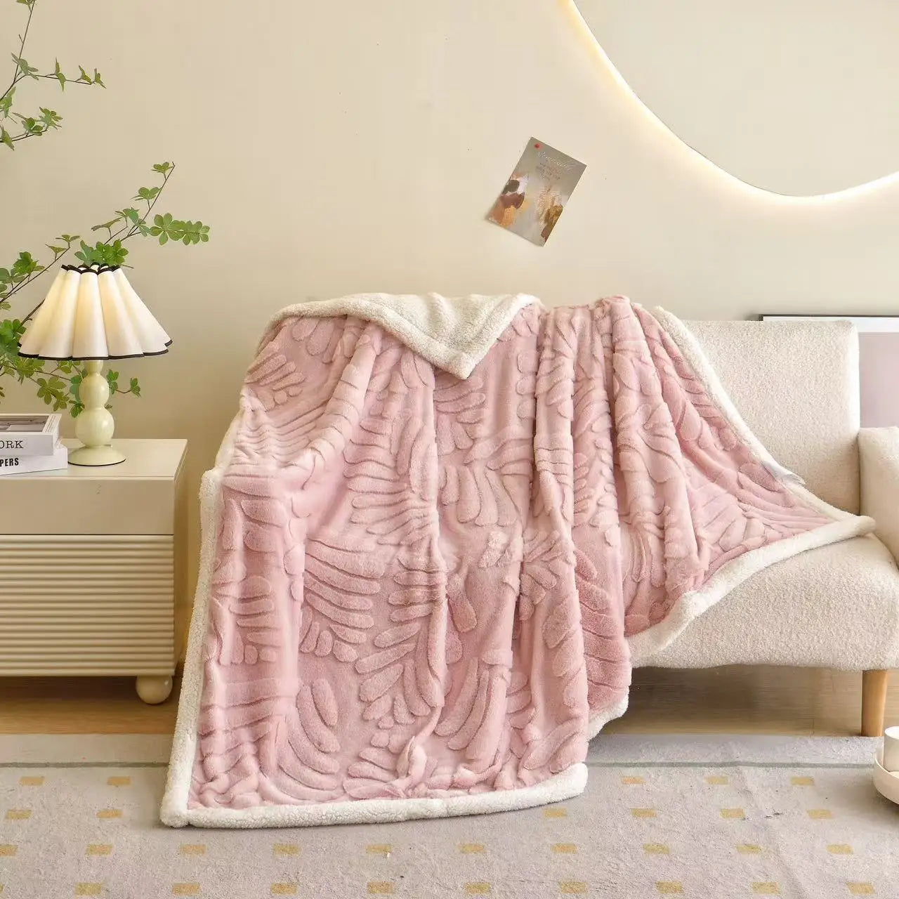 Afralia™ Banana Leaf Jacquard Faux Rabbit Fur Double Layer Lamb Bedspread