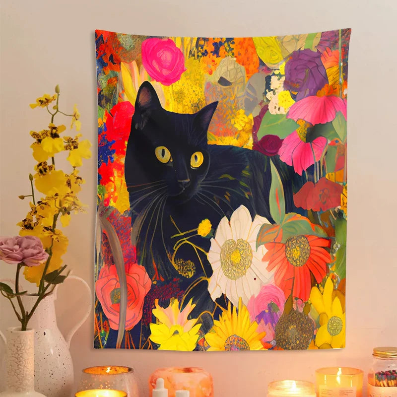 Afralia™ Cat Print Poster: Funny Black Cat in Floral Bouquet - Boho Home Decor