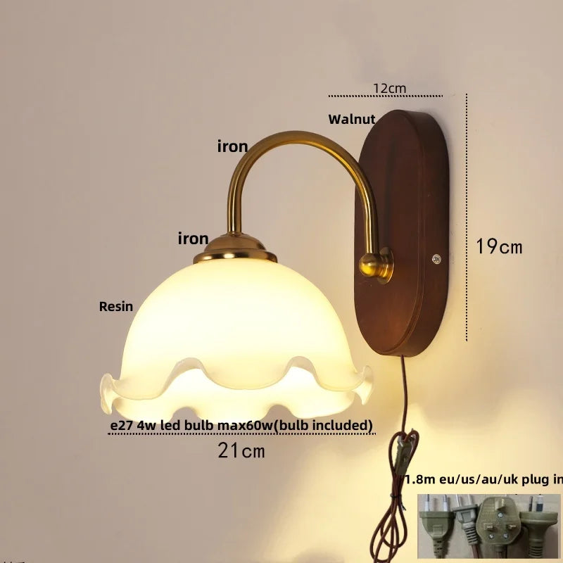 Afralia™ Modern Walnut Wood LED Wall Light Fixture with Pull Chain Switch