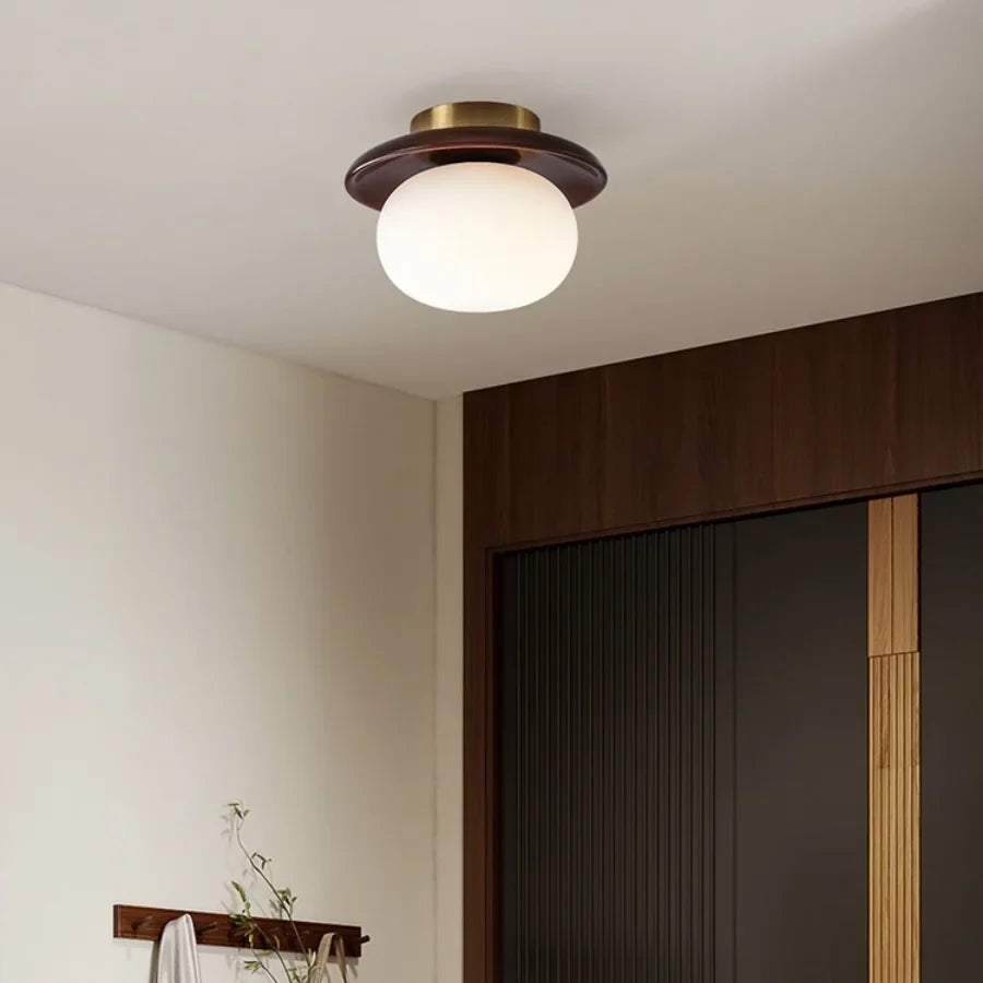 Afralia™ White Glass LED Ceiling Light Fixture with Wood Copper Canopy