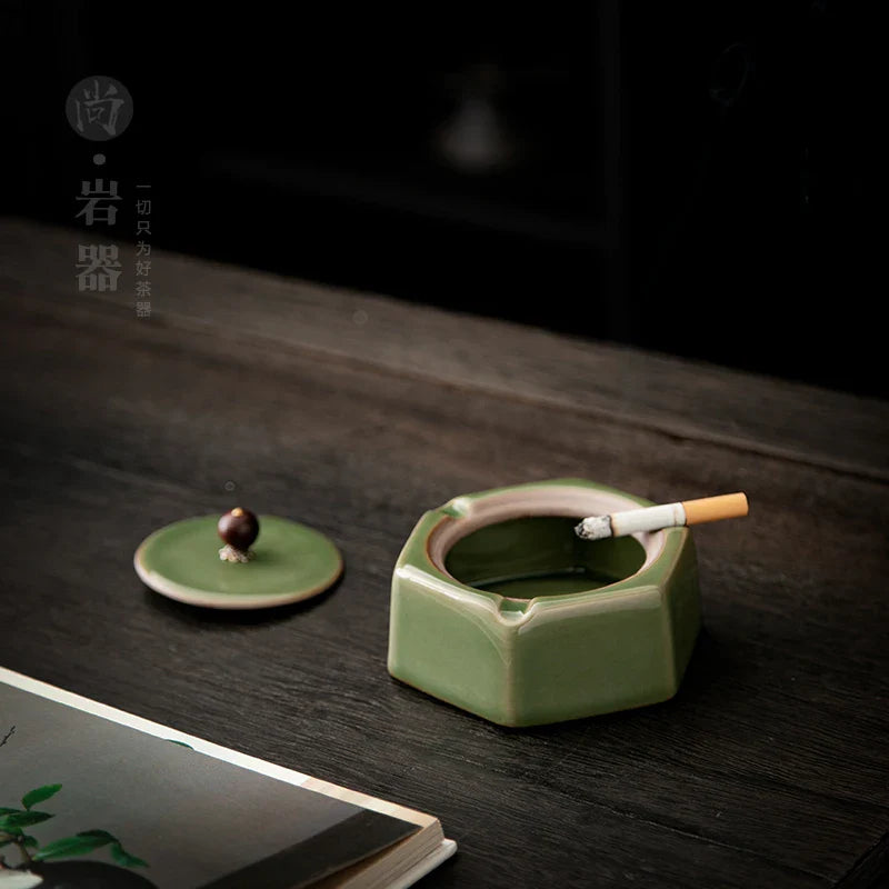 Afralia™ Geometric Green Ceramic Ashtray - Desk Decoration and Smoking Accessory