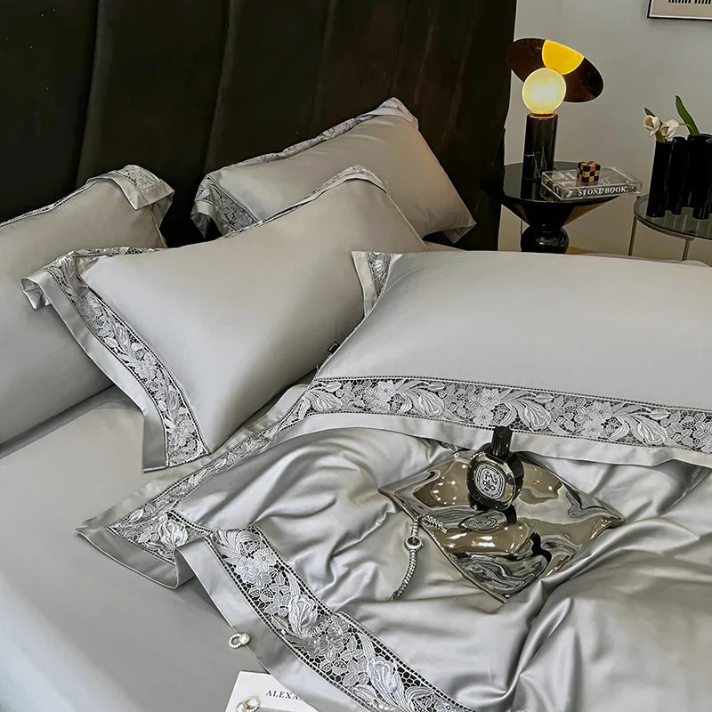 Afralia™ Luxe 1500TC Egyptian Cotton Lace Wide Edge Bedding Set: Duvet Cover, Sheet, Pillowcases