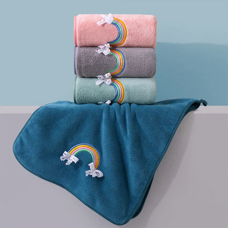 Afralia™ Rainbow Embroidery Coral Velvet Hand Towel for Baby Shower Bath