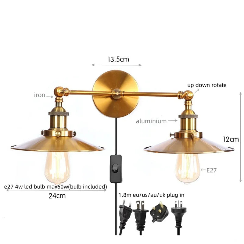 Afralia™ Vintage Iron 2-Head LED Wall Lamp for Foyer Living Room & Bedside