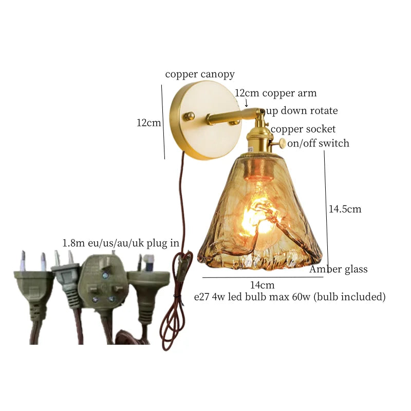 Afralia™ Glass LED Wall Sconce Bedroom Loft Bathroom Stair Light Pull Chain Copper