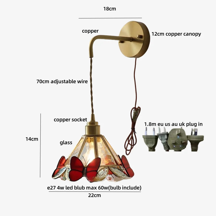 Afralia™ LED Butterfly Glass Wall Lamp Sconce with Pull Chain Switch