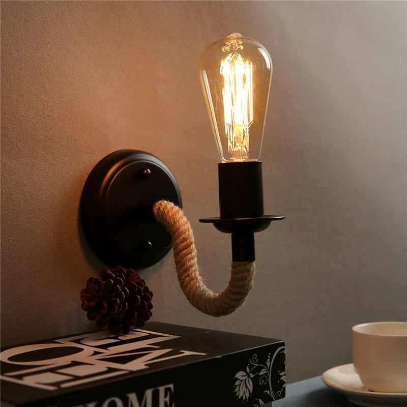 Afralia™ Rustic Hemp Rope Wall Sconce Retro Country Loft Light Fixture