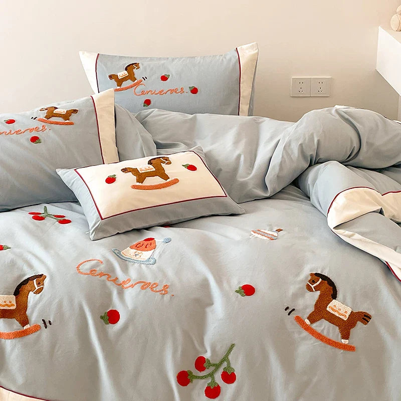 Afralia™ Lucky Trojan Cotton Embroidered Bedding Set: High-end Skin-Friendly Duvet Cover Set