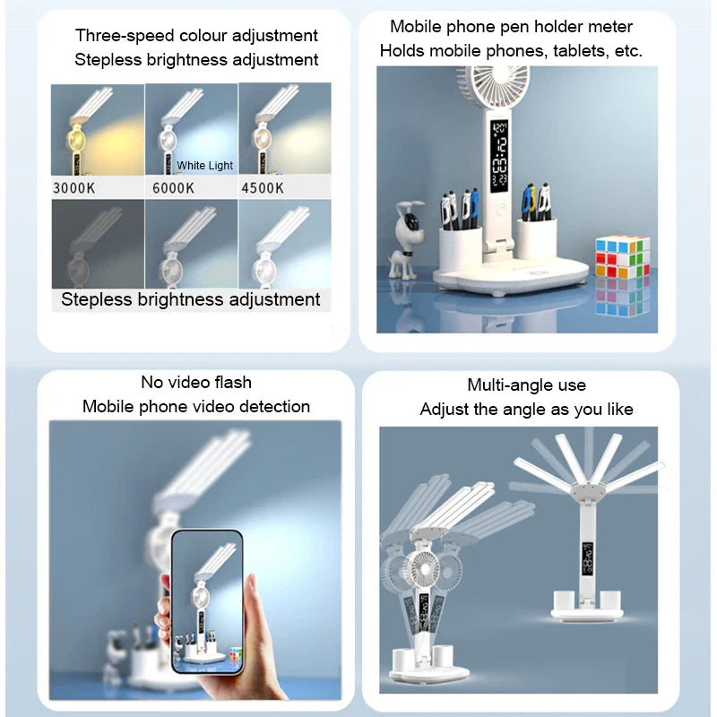 Afralia™ Rechargeable Study Desk Lamp with Fan and Clock Display