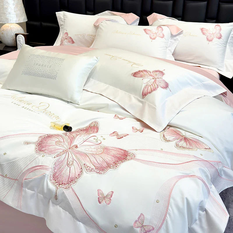 Afralia™ Butterfly Embroidery 100% Egyptian Cotton Bedding Set with Luxury Duvet Cover