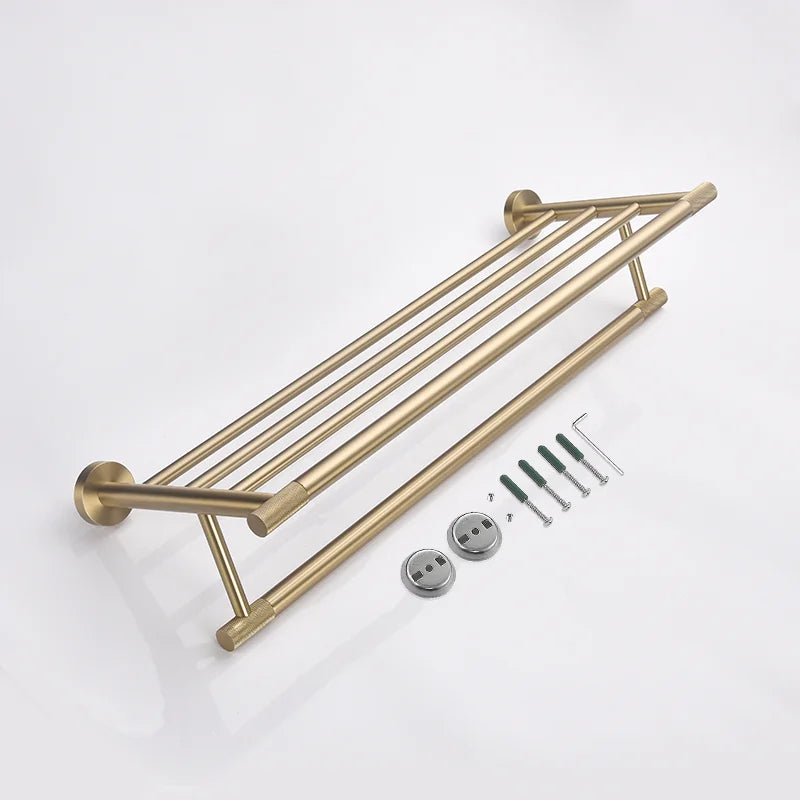 Afralia™ Brushed Gold Brass Bathroom Accessories Set: Hand Towel Bar, Toilet Paper Holder, Robe Hook