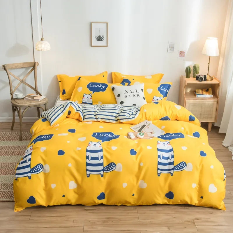 Afralia™ Cartoon Print Bedding Set - Queen/King Size Duvet Cover, Sheets, Pillowcases
