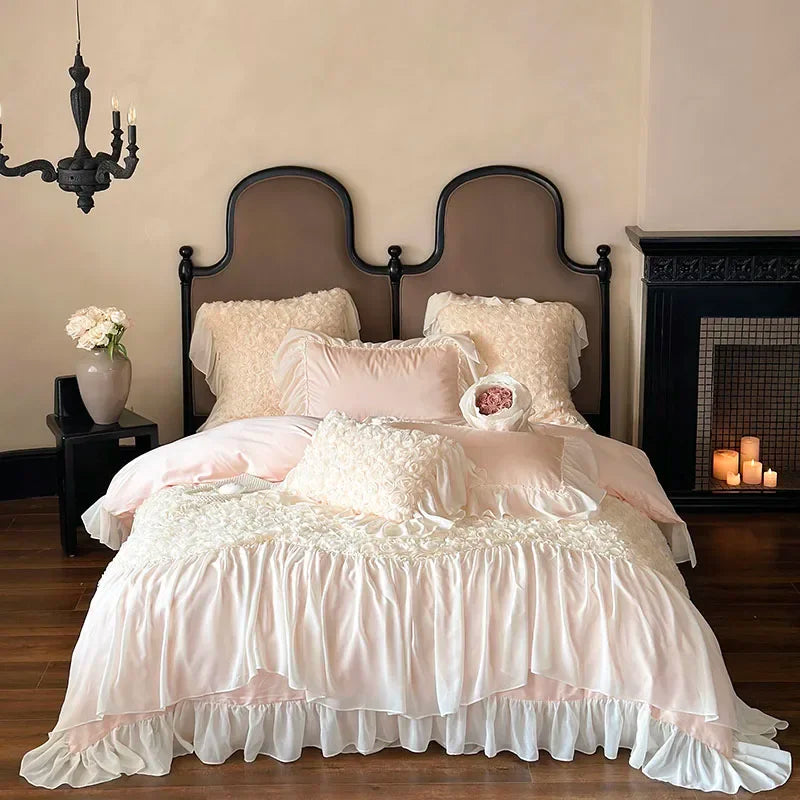 Afralia™ Rose Lace Bedding Set: Romantic Princess Wedding Duvet Cover Bed Sheet Pillowcases