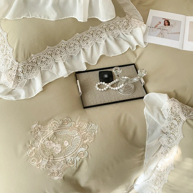 Afralia™ Matcha Green French Chiffon Lace Queen Bedding Set with Ruffles & Embroidery