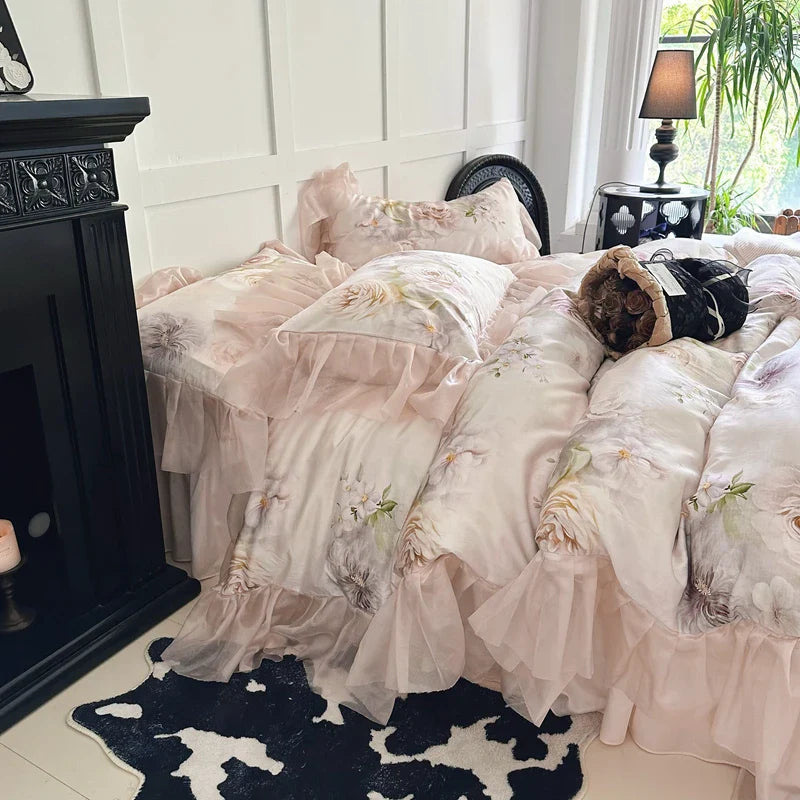 Afralia™ Princess Lace Luxury Bedding Set: Duvet Cover, Sheet Set, Bed Skirt, Pillowcases