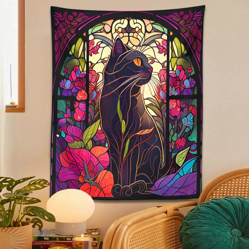 Afralia™ Floral Cat Tapestry Stained Glass Wall Art - Boho Cat Decor