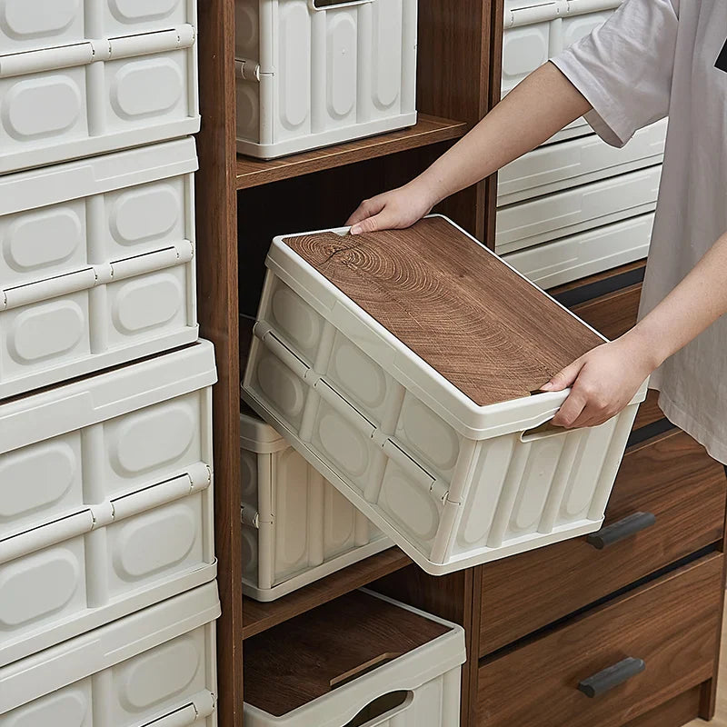 Afralia™ Stackable Storage Box with Wooden Lid: Household Organizer for Clothes & Sundries