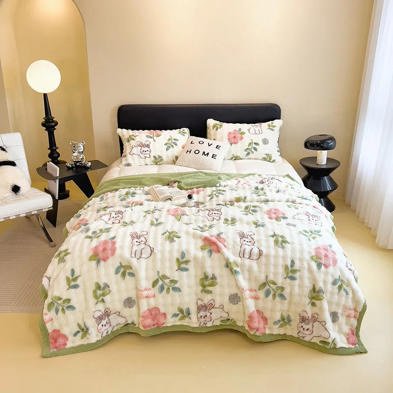 Afralia™ Cartoon Printed Faux Rabbit Plush Thick Blanket for Office Nap and Sofa Warmth