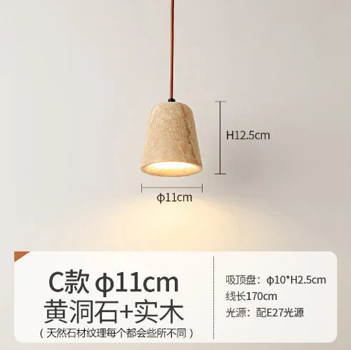 Afralia™ Japanese Wooden Stone Chandelier Pendant Light, Wabi-Sabi Style Yellow Cavity-Stone Lamp