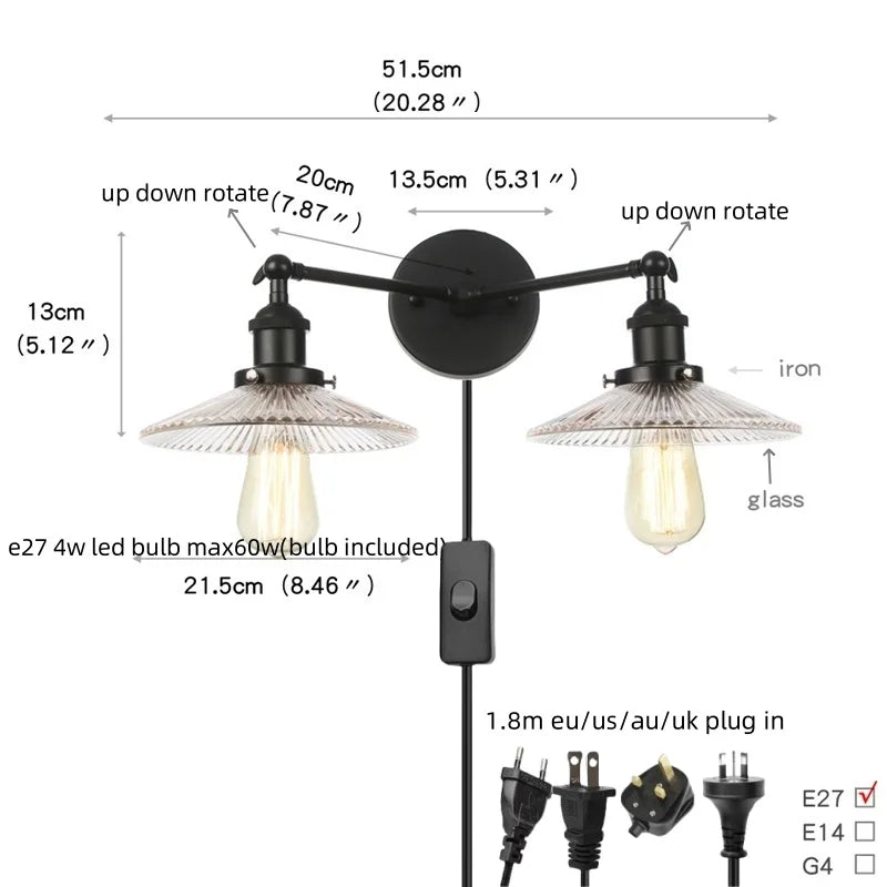 Afralia™ Industrial LED Wall Light Fixture with Pull Chain Switch, 2 Heads Bedside Lamp
