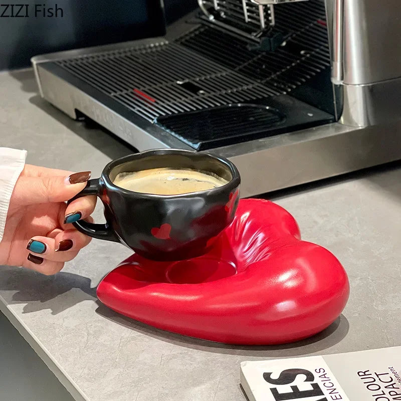 Afralia™ Creative Heart Porcelain Coffee Mug & Saucer Set