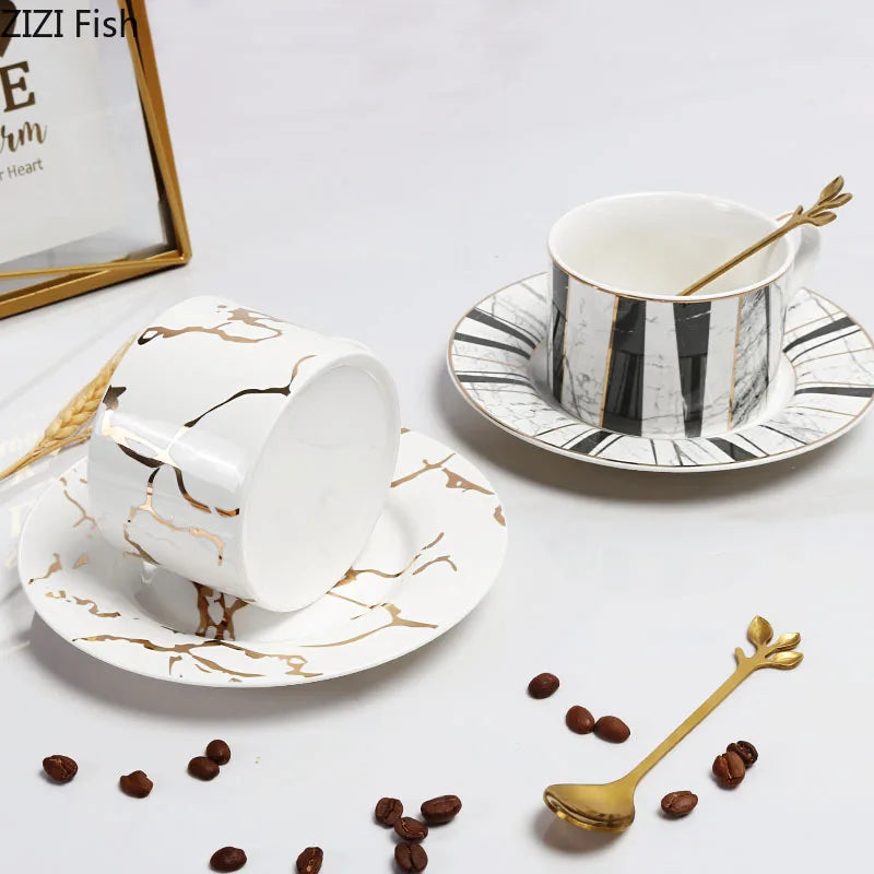 Afralia™ Gilded Marble Texture Ceramic Cup & Saucer Set for Dining Table Tea & Coffee