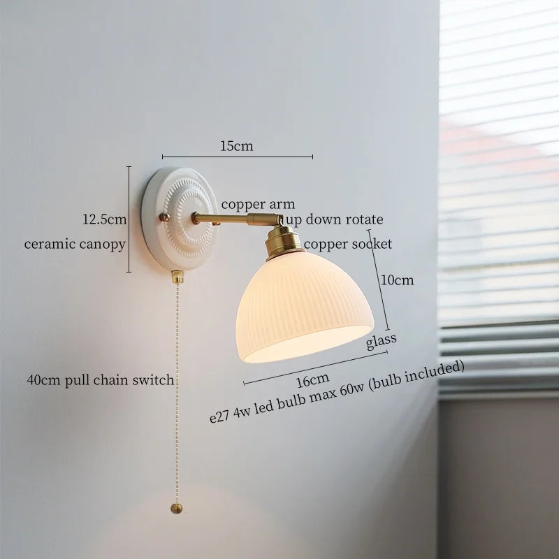 Afralia™ White Glass LED Wall Lights Pull Chain Switch Copper Arm - Bedroom Stair Living Room Mirror Bedside Lamp