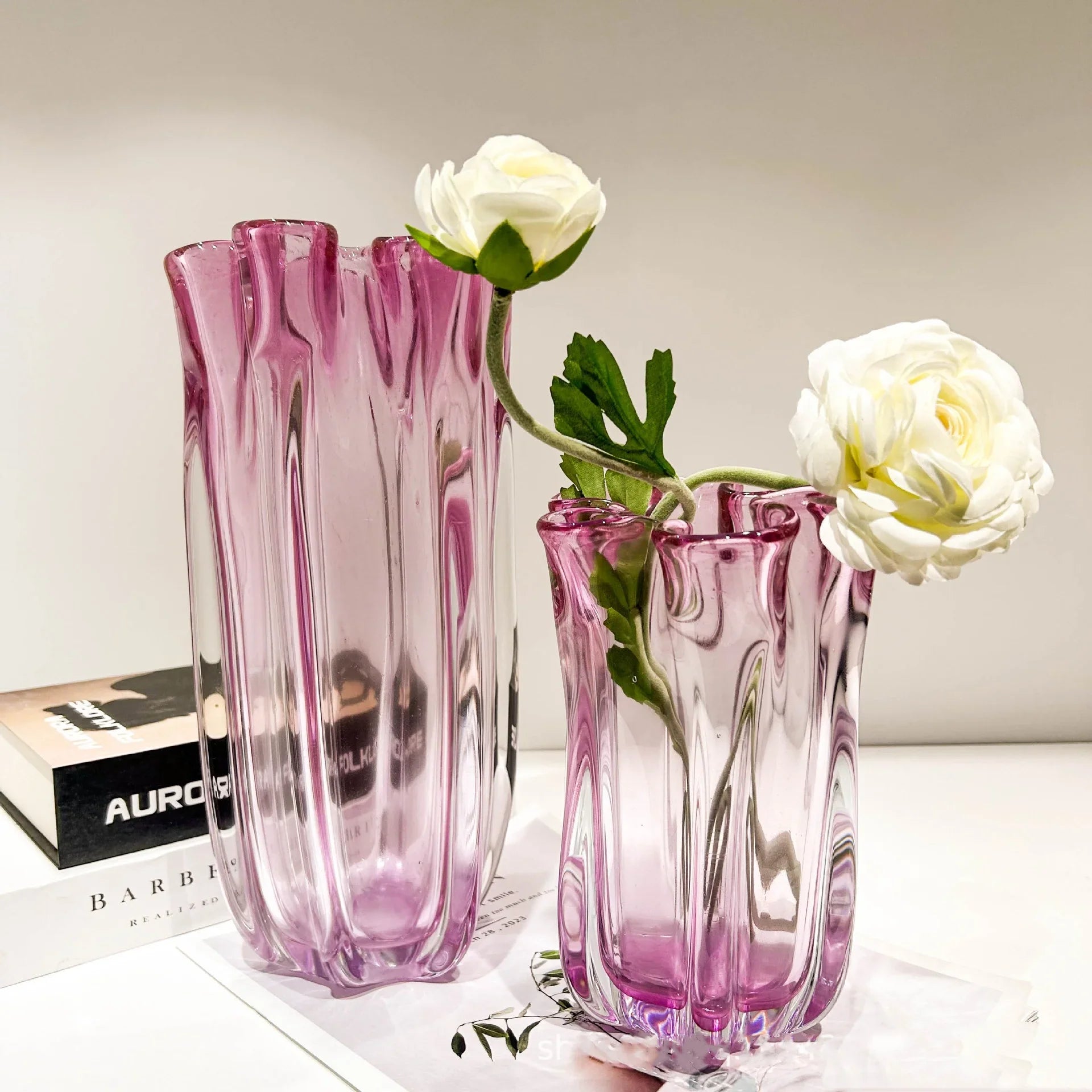 Afralia™ Pink Glass Vase Petal Fold for Transparent Floral Arrangement and Home Decoration