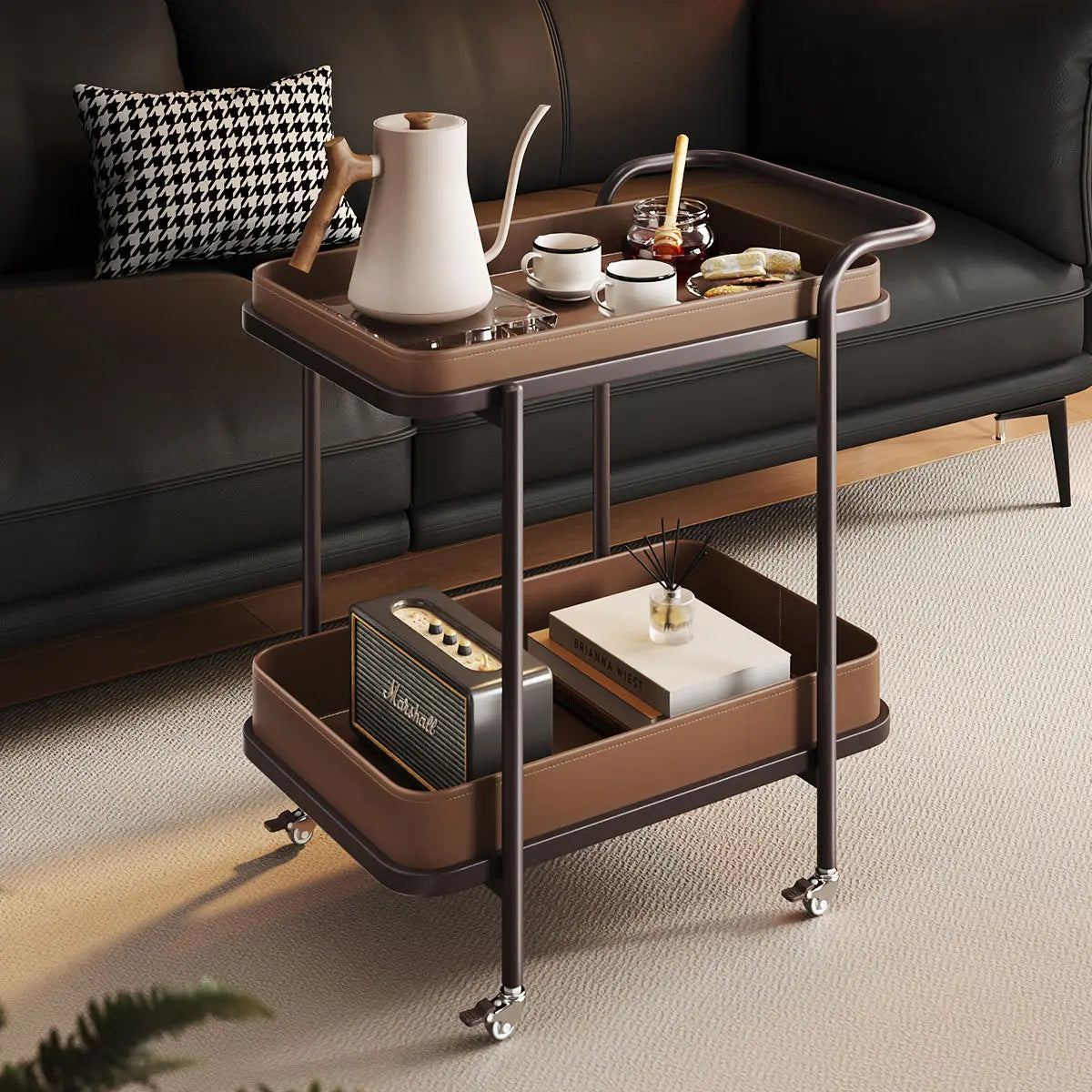 Afralia™ Sofa Trolley Corner Table with Storage Rack & Wheels