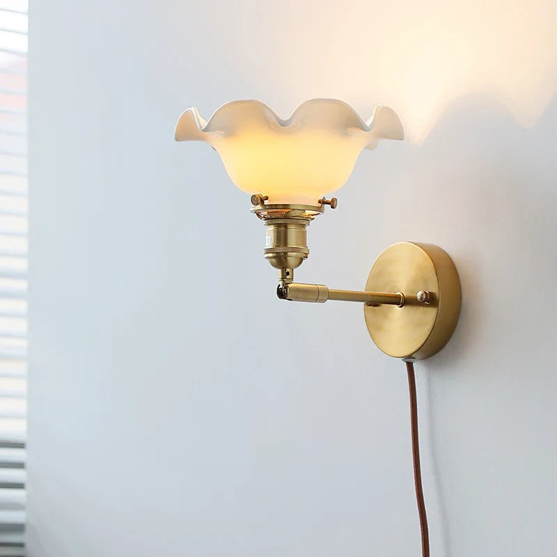 Afralia™ White Flower Ceramic Wall Lamp Sconce Plug In Switch Mirror Light