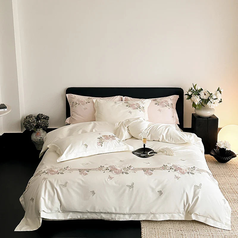 Afralia™ Vintage Rose Butterfly Embroidery Bedding Set 4Pcs