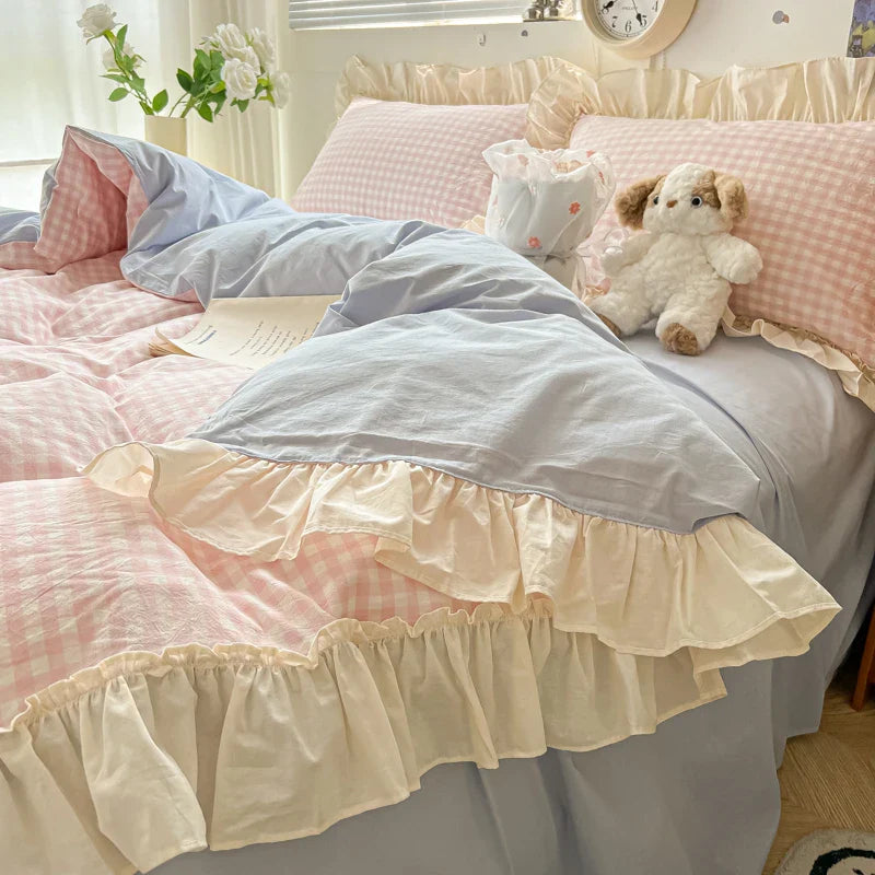 Afralia™ Korean Princess Style Cotton Bedding Set with Ruffles and Lace
