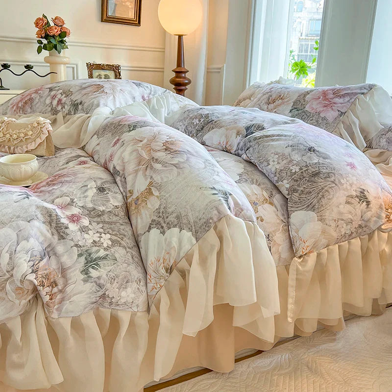 Afralia™ French Vintage Lace Princess Bedding Set with Floral Print Quilt Cover