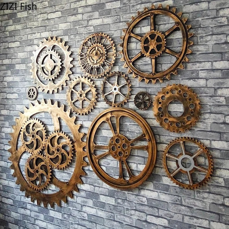 Afralia™ Vintage Golden Gear Wall Decor for Home & Bar Background Craft