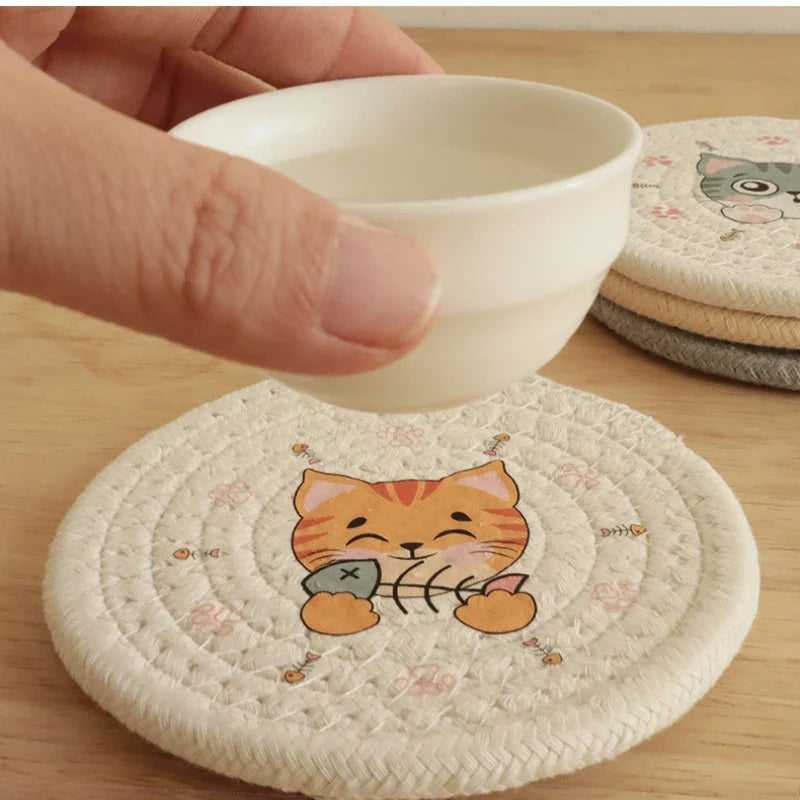 Afralia™ Cat Print Round Woven Coaster Cup Mat Table Heat Insulation Pad