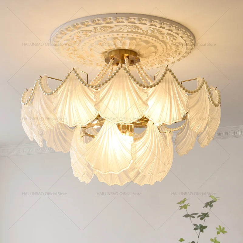 Afralia™ Pearl Crystal Chandelier for Dining Living Bedroom, Elegant French Shell Glass Light