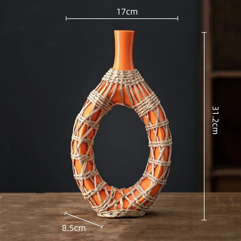 Afralia™ Rattan Vase: Geometric Ceramic & Straw Plaited Floral Arrangement Home Decor