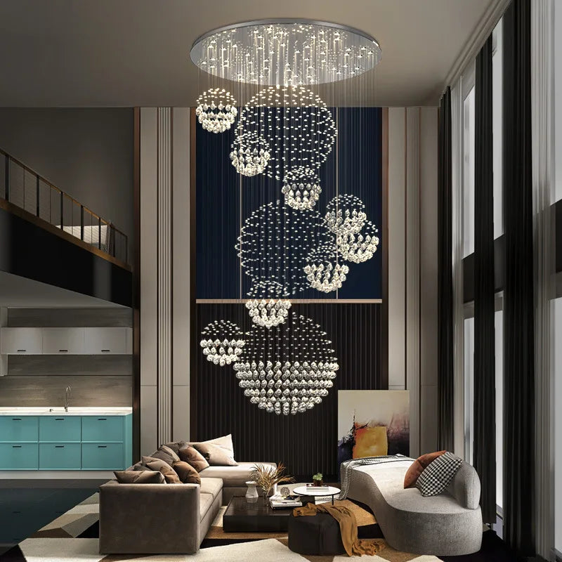 Afralia™ Modern Large Crystal Ball LED Chandelier for Staircase and Living Room