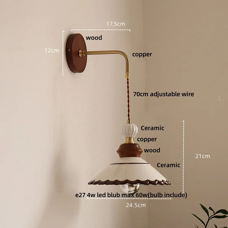Afralia™ Ceramic LED Wall Light Copper Pull Chain Wood Base Modern Bedside Lamp