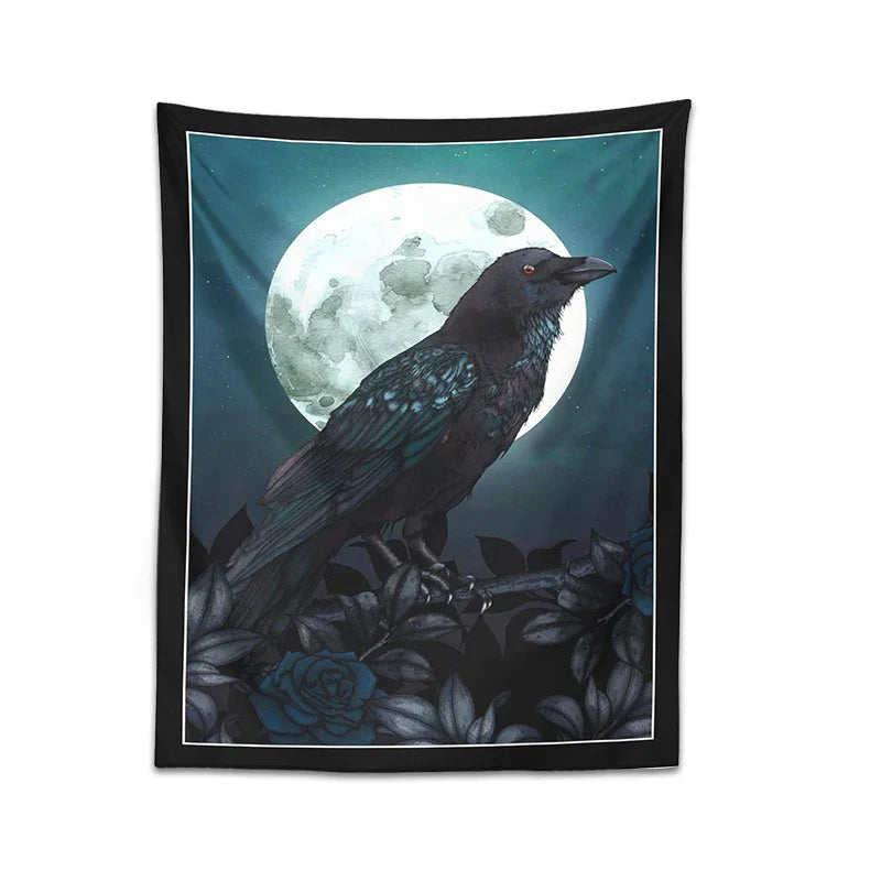 Afralia™ Raven & Moon Gothic Tapestry Wall Hanging for Dark Rose Bird Lover Room