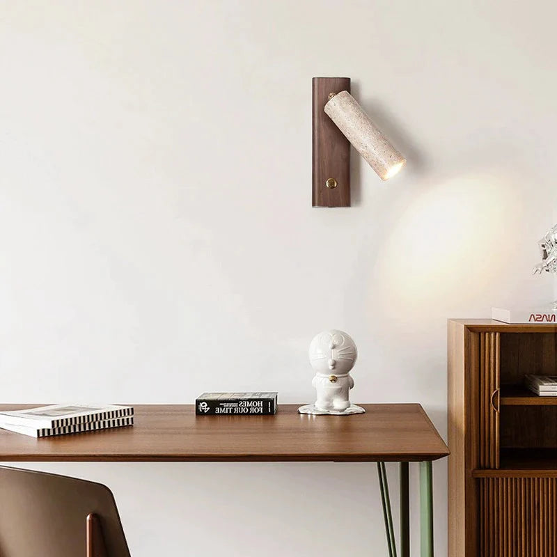 Afralia™ Rotatable LED Wall Lamp, Wabi-sabi Stone & Walnut Log Wood Spotlight.