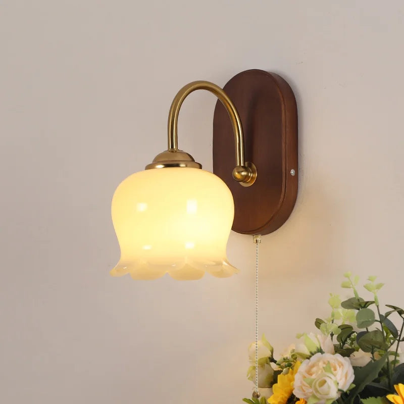 Afralia™ Modern Walnut Wood LED Wall Light Fixture with Pull Chain Switch