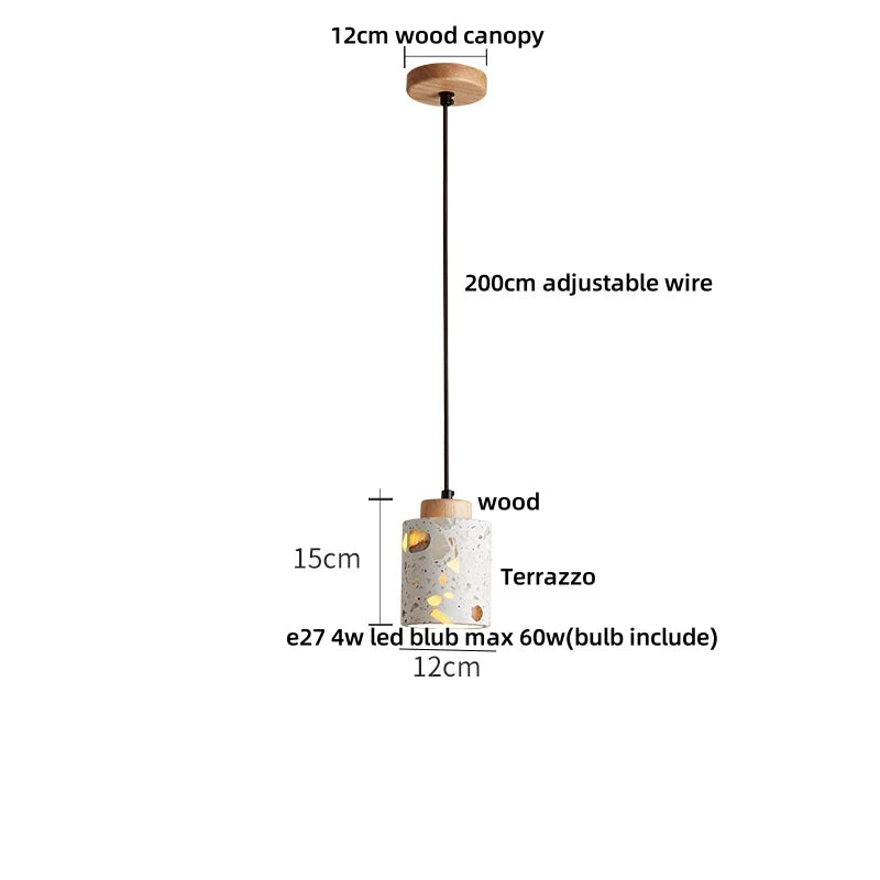 Afralia™ LED Terrazzo Pendant Lamp White Stone Wood Hanging Light