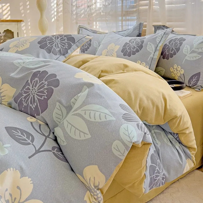 Afralia™ Plant Printed Cotton Brushed Duvet Cover Set for Double Bed